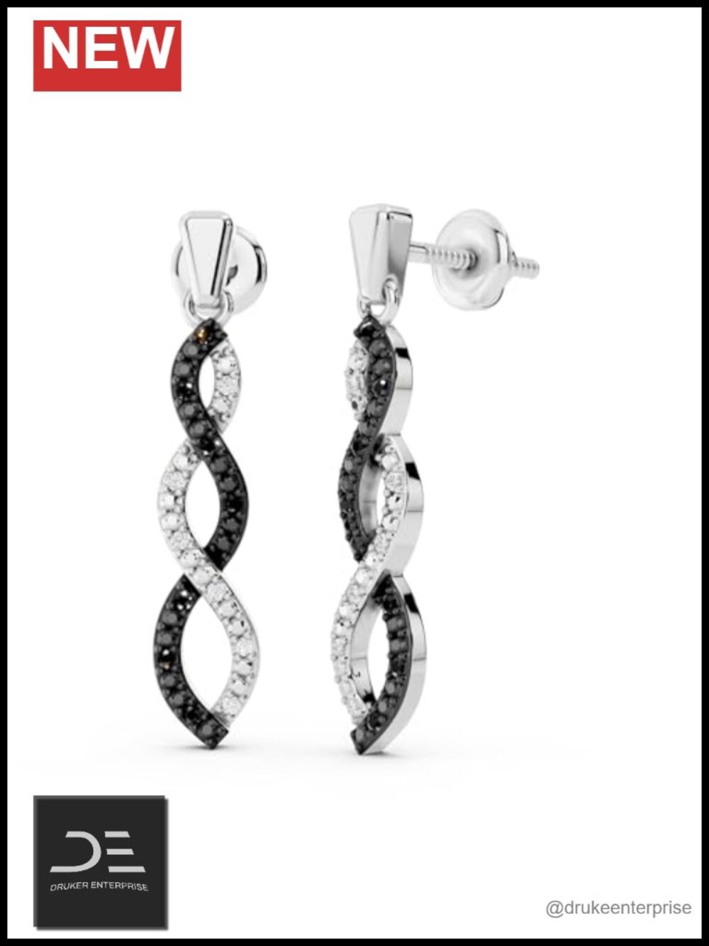 Sterling Silver Infinity Swirl Dangle Drop Earrings Black Diamond